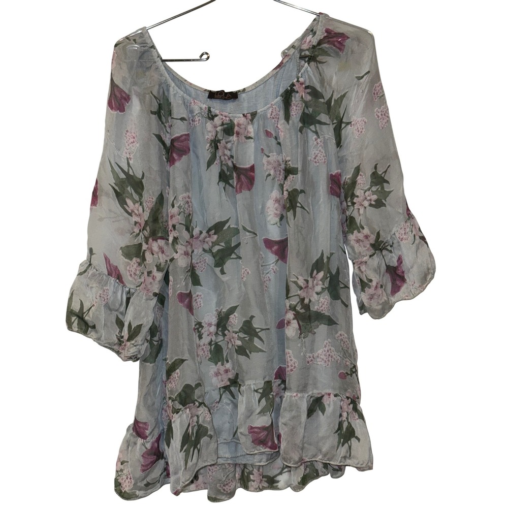 Lola Made in Italy Blue Floral Silk Ruffle Tunic Top 3/4 Sleeve Lined L/XL